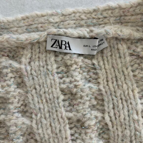ZARA Cable Knit Cardigan Sweater SZL Cream Sparkle Threads Gem Button Chunky - Picture 6 of 11